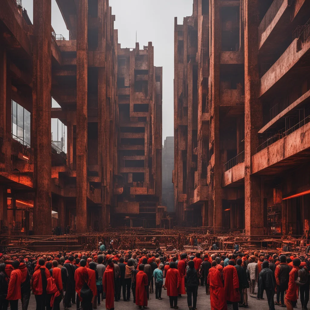glowing brutalist temples crowd crowds of people market marketplace photo rust bronze red grime metal beams street windo