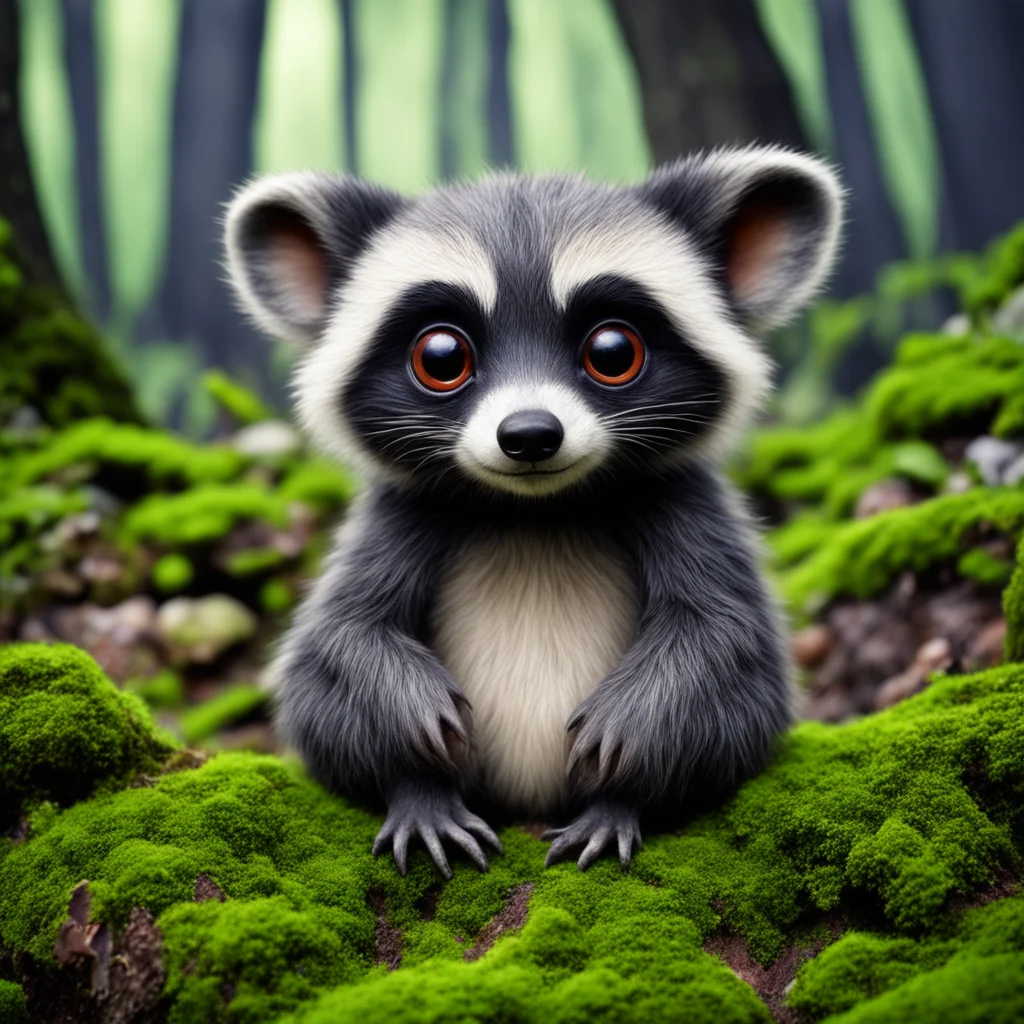gnarly goblin racoon badger sitting on moss with big eyes cute