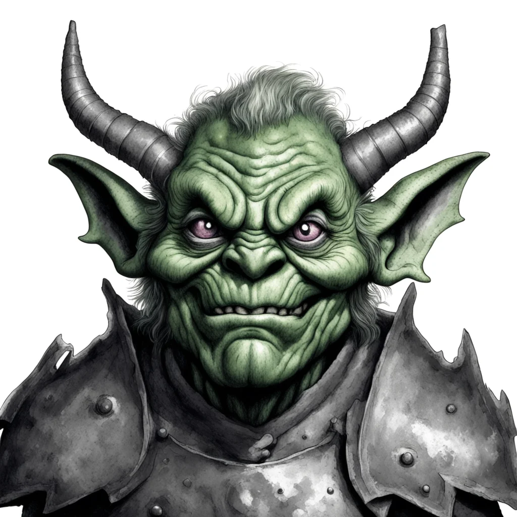 goblin face with horns wearing chunky armor character design R Crumb aspect 919