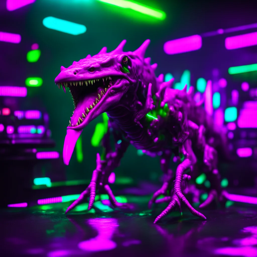 goblin shark demon in a cyberpunk interior with neon lights 23mm