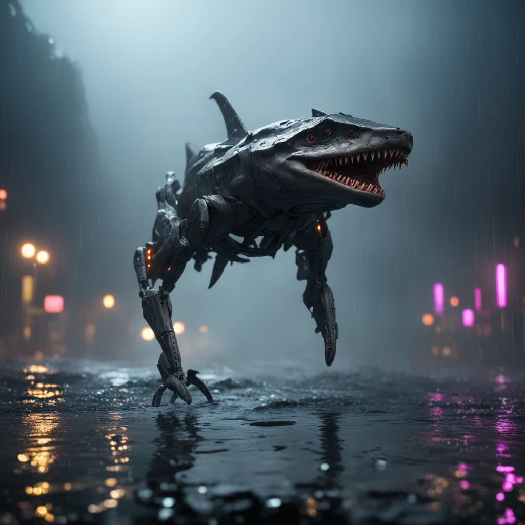 goblin shark mutated with a Jaeger mech robot standing in an infinite puddle Pacific Rim horror cinematic Rembrandt ligh