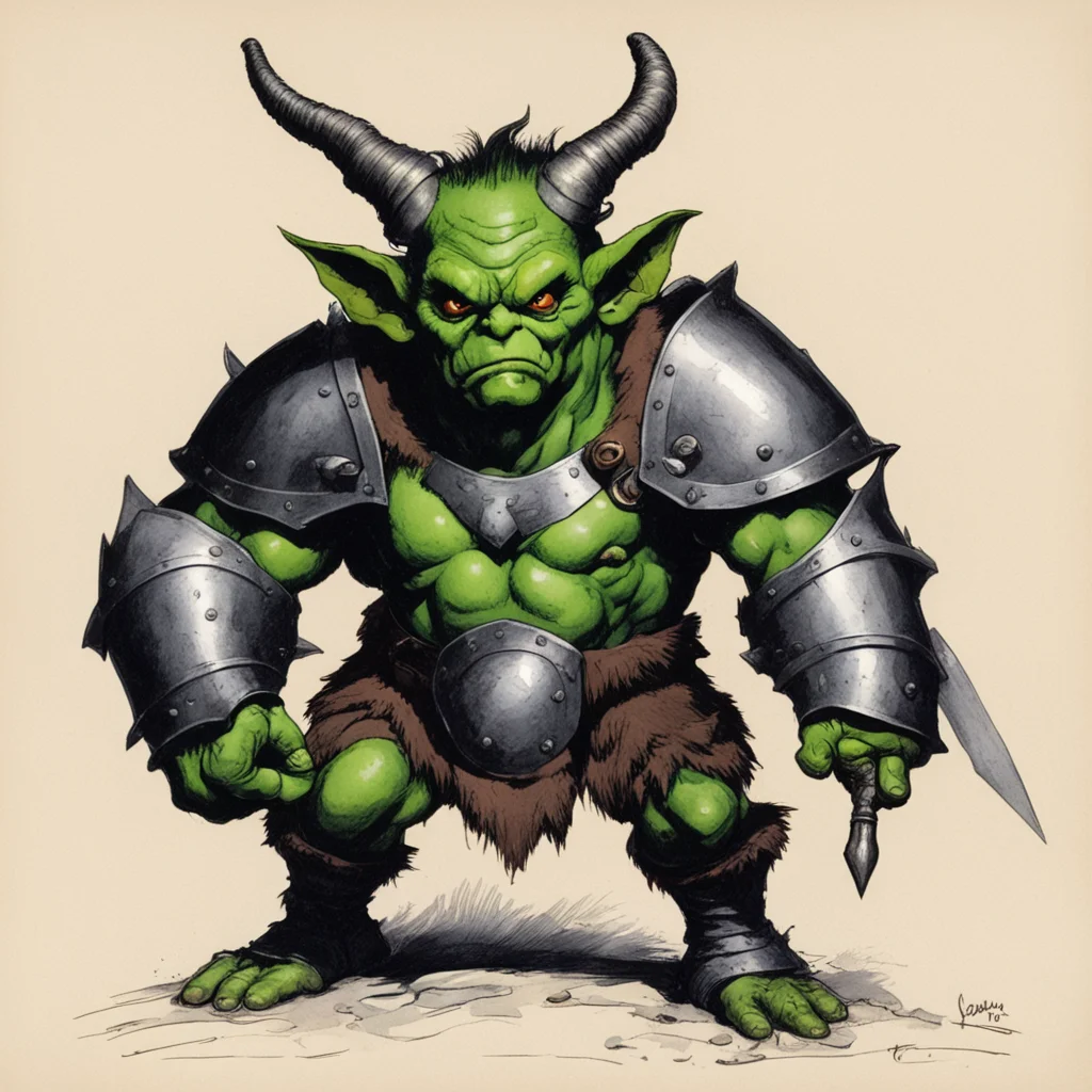 goblin with horns wearing chunky armor character design Frazetta R Crumb aspect 919