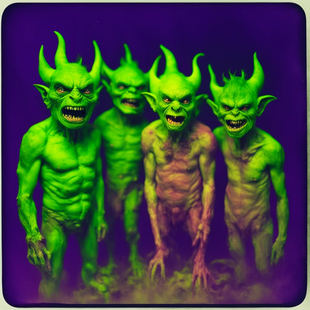goblins monsters devils family photo photo realistic vivid colours high definition vintage polaroid night neon terror gr