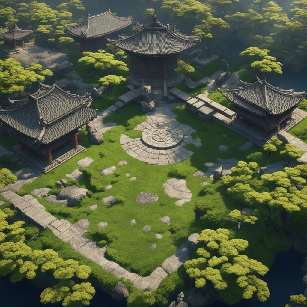 god of war inspired video game environment mystical japanese garden with giant ancient structure camera shot from above 