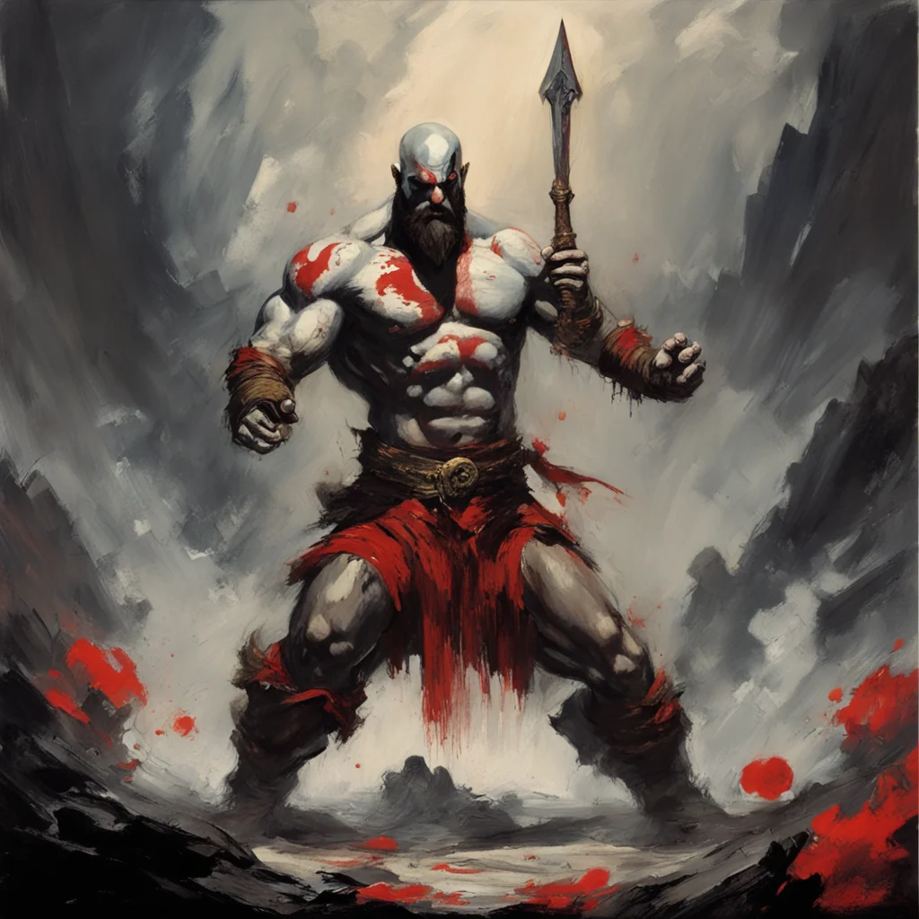 god of war kratos slaying super mario painted by frank frazetta dark fantasy dramatic 80s fantasy muted colors red accen
