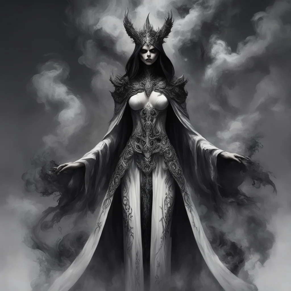 goddess of death concept art black smoke white robe highly detailed clothing extremely detailed smoke