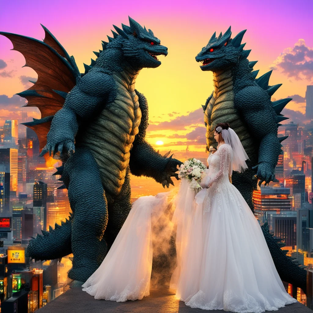 godzilla and mothras wedding sunset vibrant tokyo