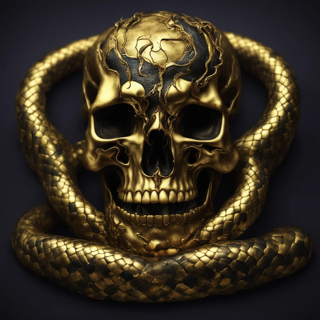 golden Skull with bruised snake ragehyper detailephotorealisticscary lightinggold and blackcinematic