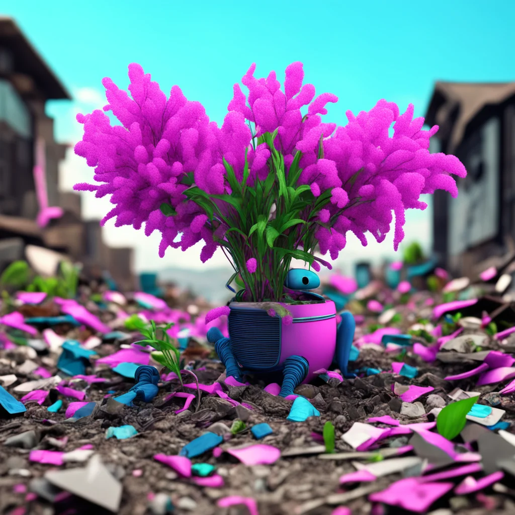 gooey blue pink alien plant grows amongst piles of trash dystopian landscape wall e animated super real 3D render seedli