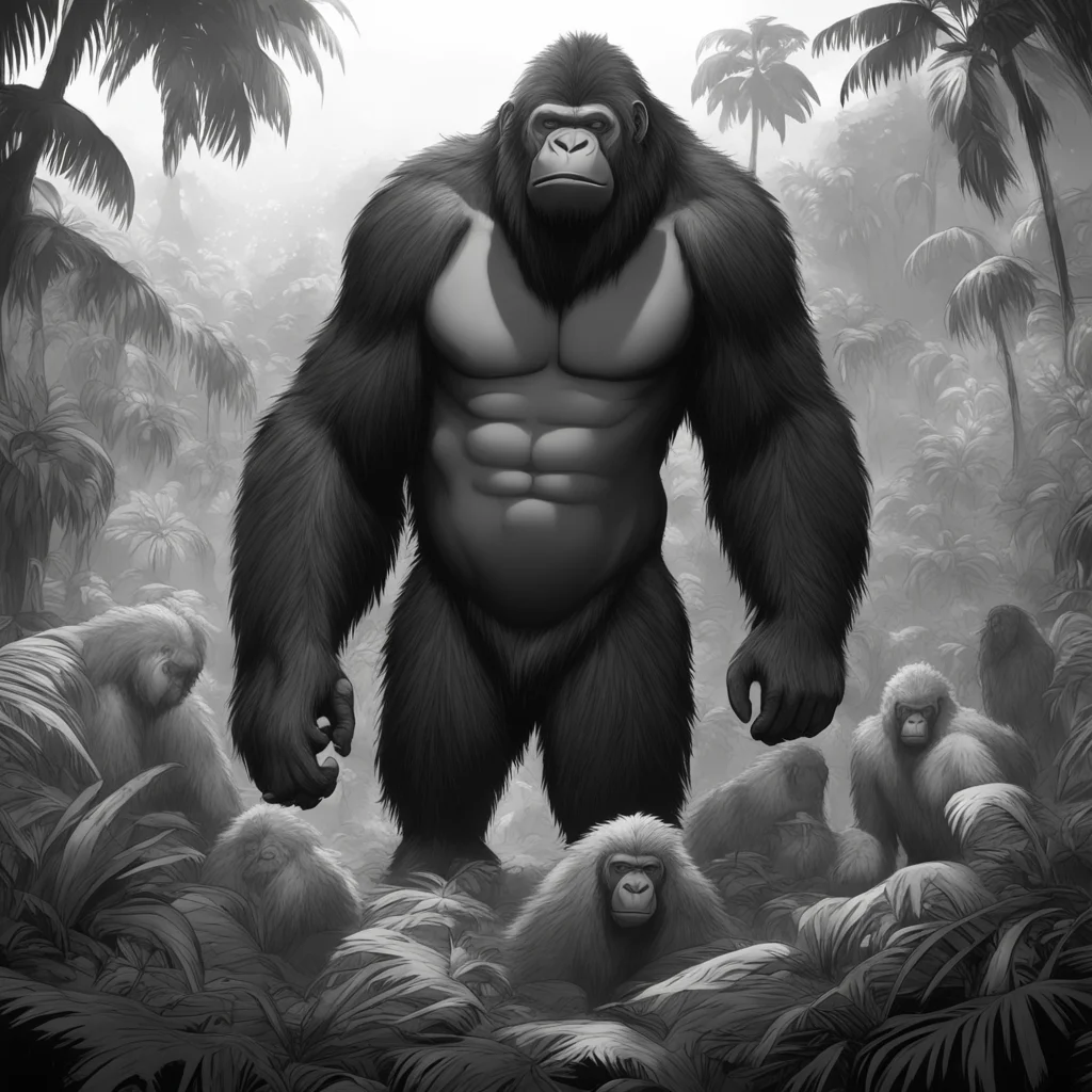 gorilla tribe white gorillas tribe epic scale middle of the jungle surrounded by jungle sun from above manga style sui i