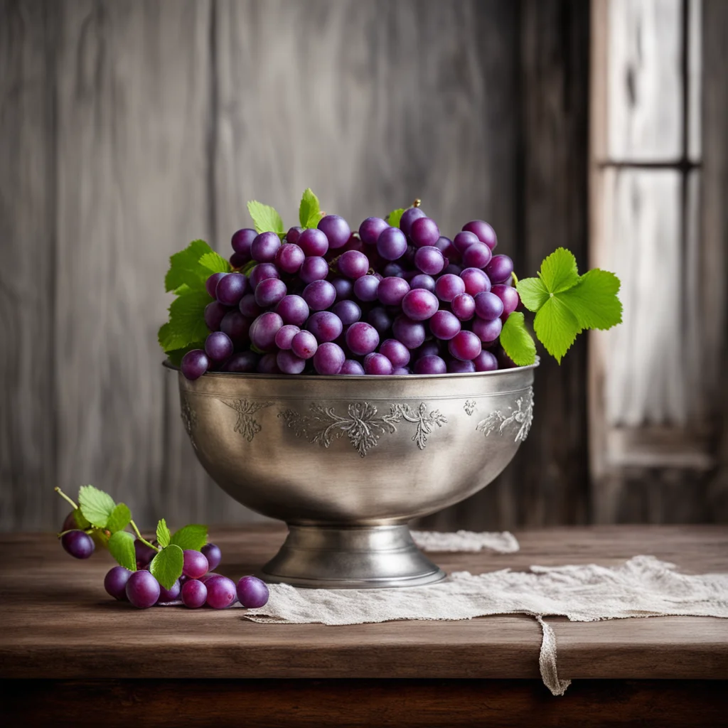 grapes on a silver bowl placed on a vintage wooden table painted fabric background still life photography soft window li