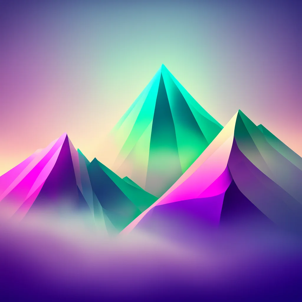 graphic abstract mountains made of glas colour gradients fog no trees apple style close hard light light beams