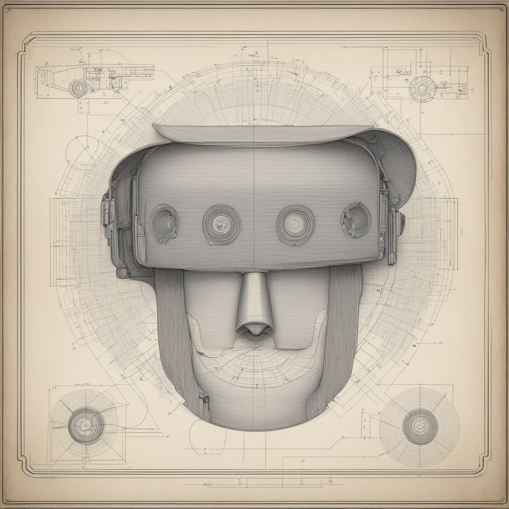 gray paper full page scan of 1800s detailed schematic of a VR headset precise lineart symmetry ar 169