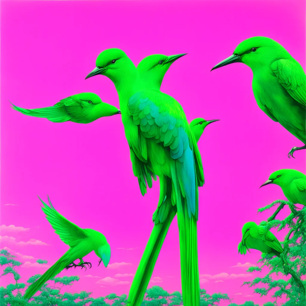 green birds pink and blue sky by hajime sorayama —h 350
