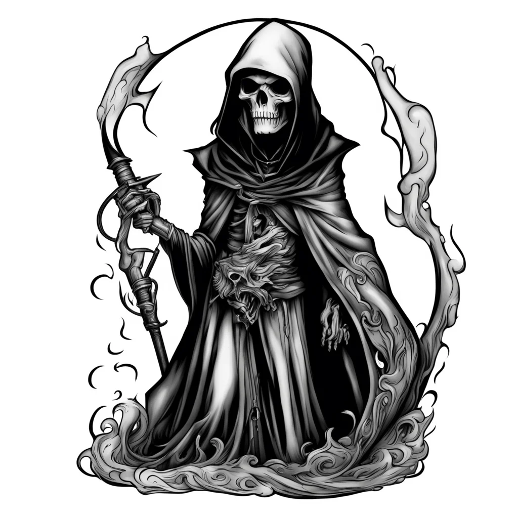 grim reaper flash art neotraditional black and white drawing tattoo card simple rubberhose cartoon doodle ar 1117