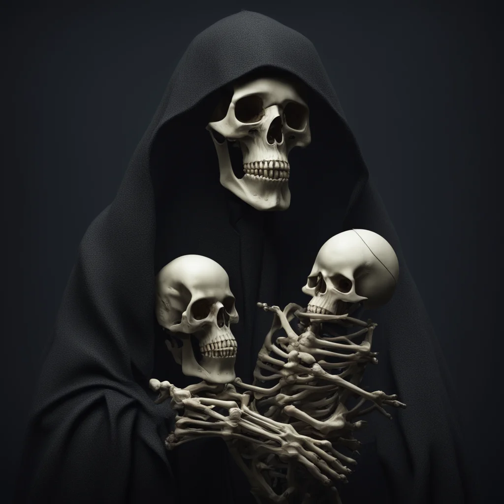 grim reaper holding a baby skeleton Highly realistic octane render dark background 35mm rule of thirds organic mechanica