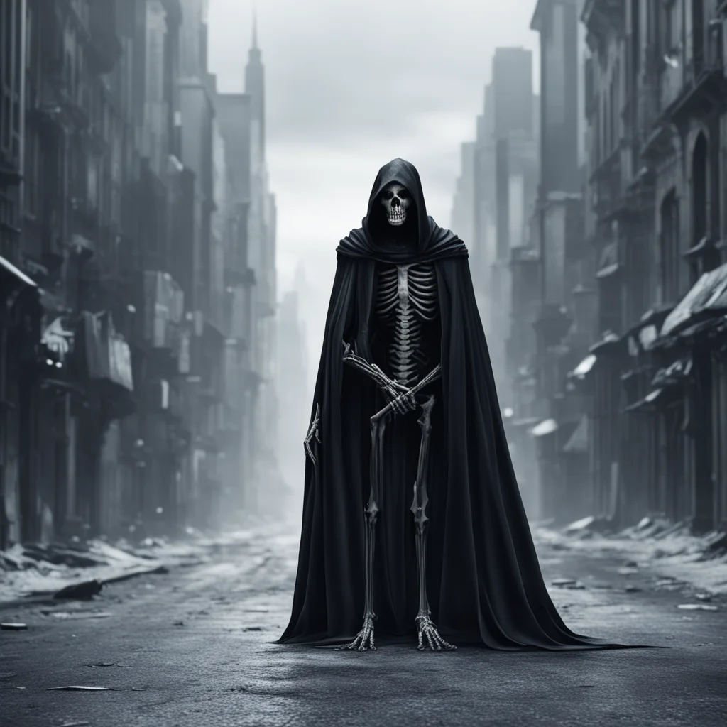 grim reaper skeleton with a cloak in the streets of a futuristic desolate city