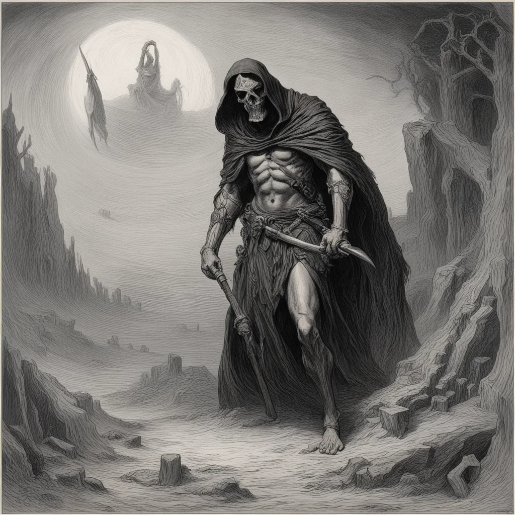grim reaper warrior by Gustave Dore engraving circa 1868 ar 1117