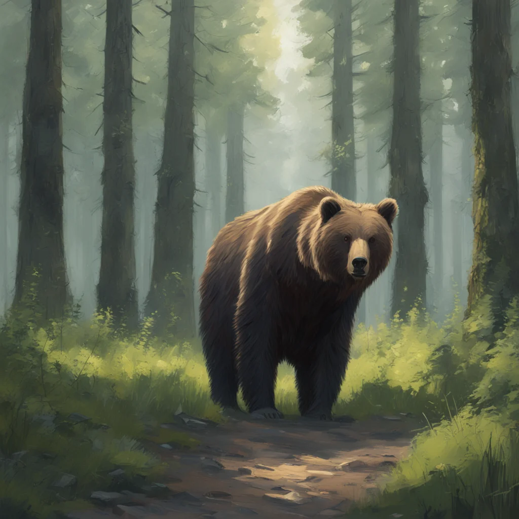 grizzly bear in a green forest sunlight coming through the trees jakub rozalski realistic oil painting trending on ArtSt