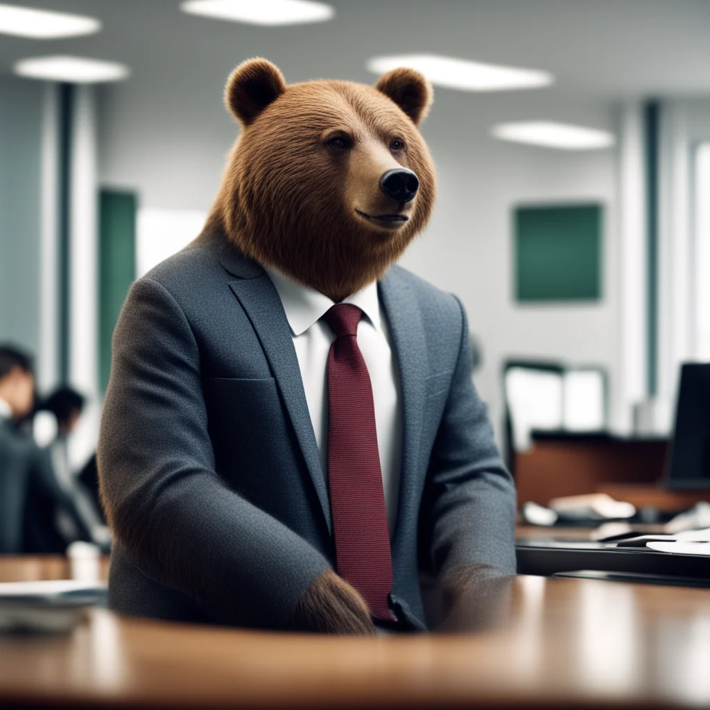 grizzly bear in a suit working in an office tilt shift cinematic lighting ar 169