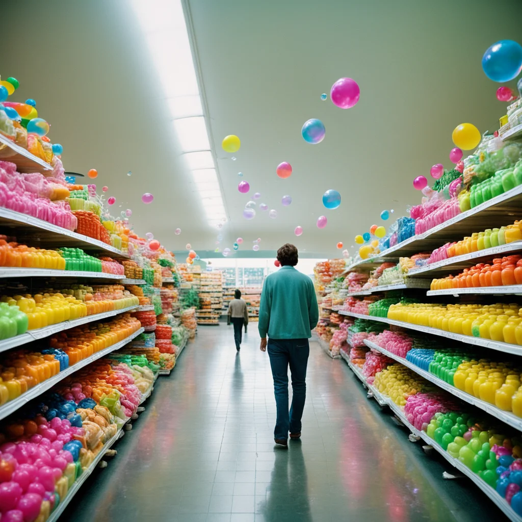 grocery store aisle mania people floating rainbow soap bubbles wide angle view atmospheric 35mm film photography Gregory