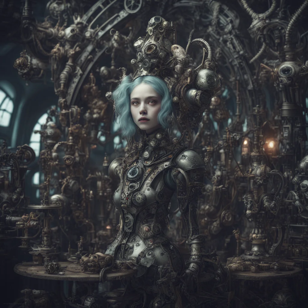 grotesque fantastical futurist detailed mechanical cyber japanese gothic alice in wonderland dark and moody liminal space dark spooky in the style of floria sig
