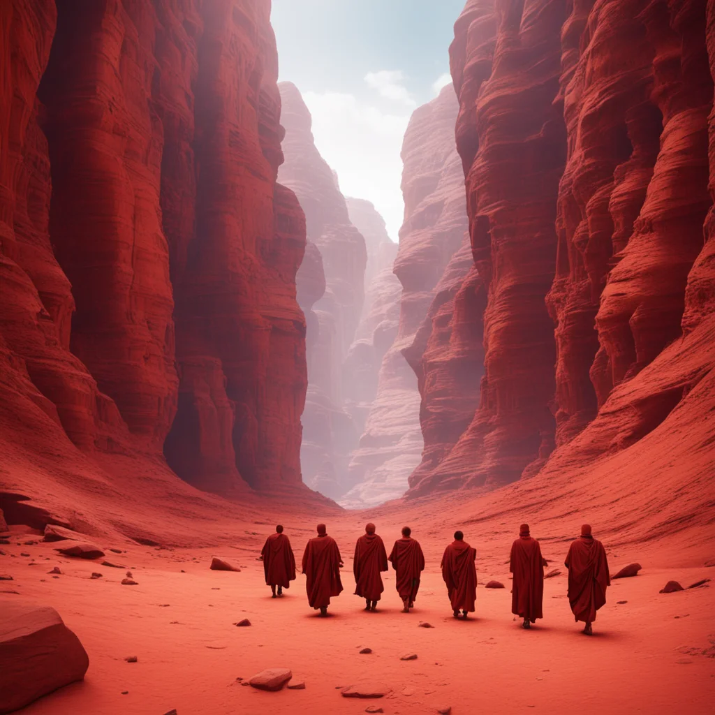 group of Monk walking to a giant marble temple build in middle of red canyon of petra epic scale cinematic shot volumetr