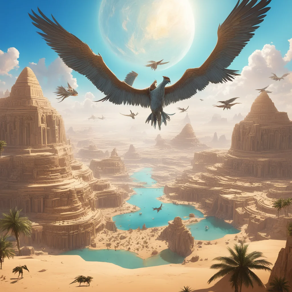 group of alien birds flying over epic concept art The Shining City White washed oasis in the mode of ancient Egyptian ci