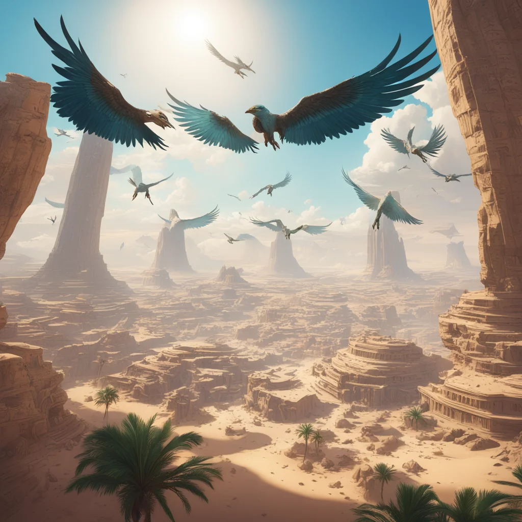group of alien birds flying over epic concept art The Shining City White washed oasis in the mode of ancient Egyptian cities Atmosphere Dramatic lighting E
