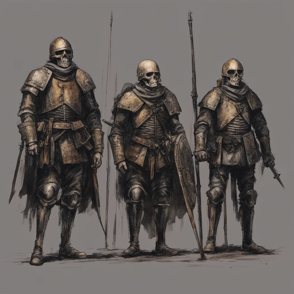 group of ww1 soldiers medieval knights in heavy armor plating skeleton skeletal shapes matte rusty weathering black jackets cloth belts straps illustration 