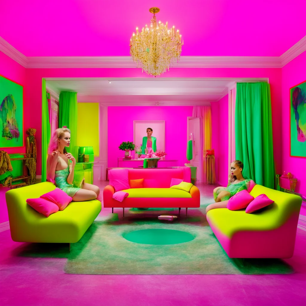 group women miles aldridge style photography floating wide shot ambient living room colorful