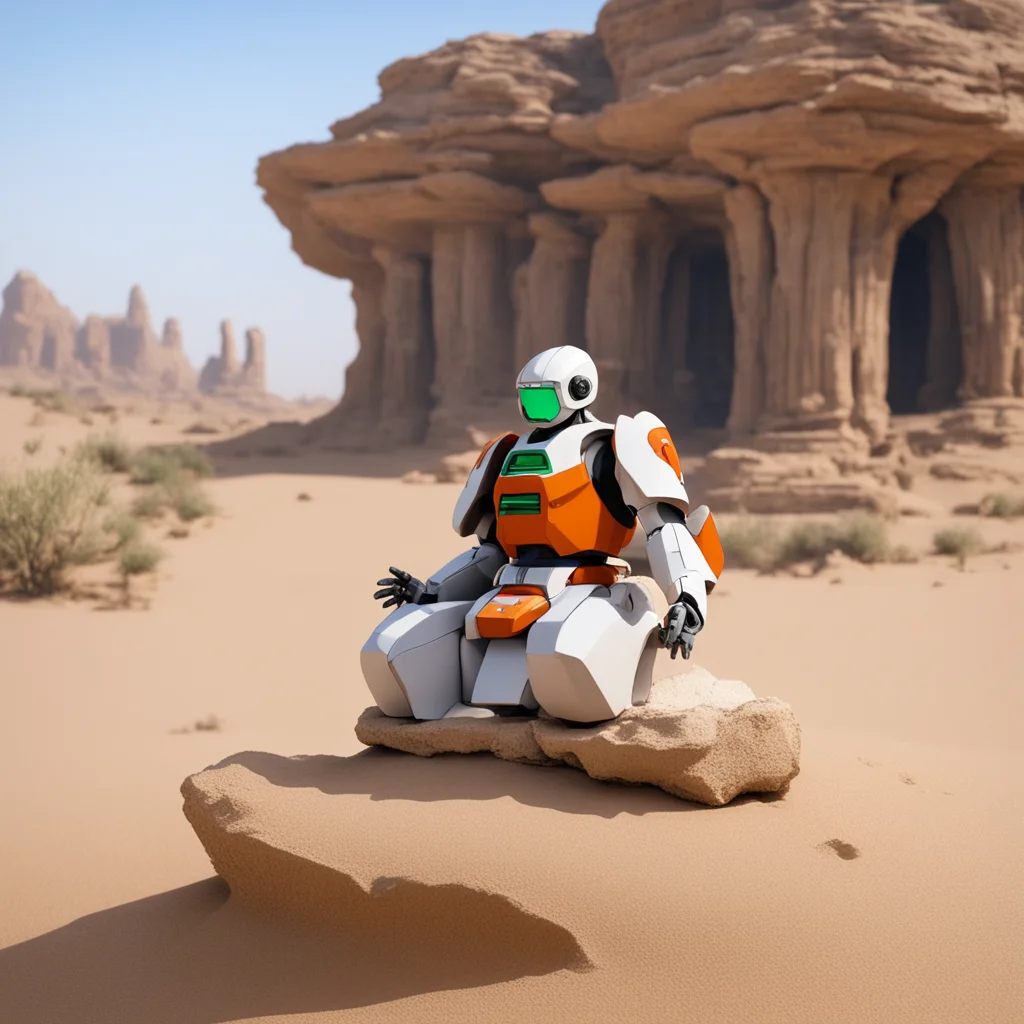 gundam mushroom monk sits in an aloof way on the desert rocks in the temple ruins surrounded by sand particles flowing t