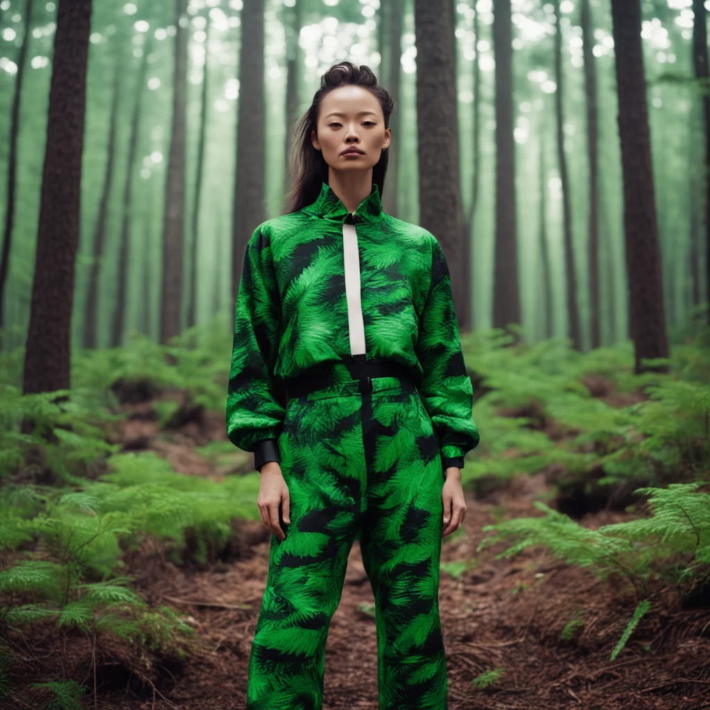 h&m model in deep forest in style of hito steyerl