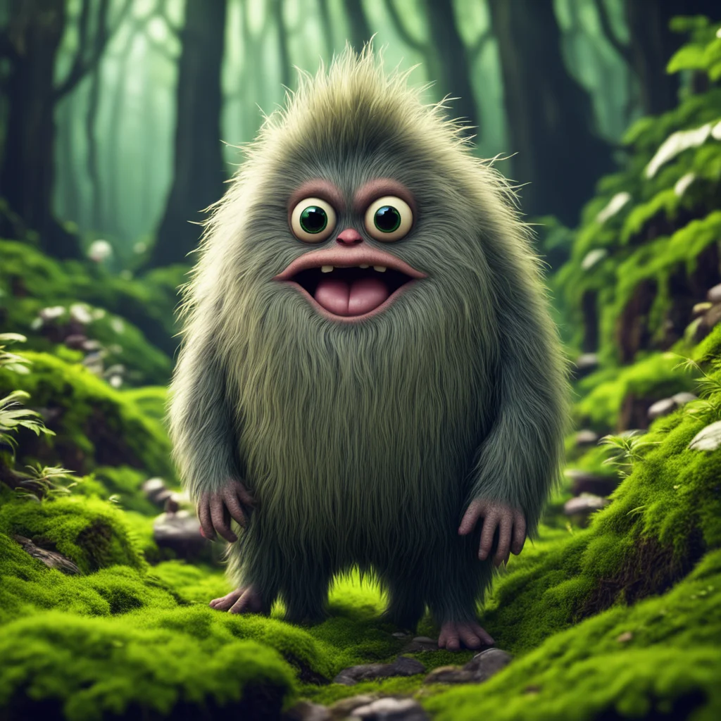 hairy cute monster with long beard standing on moss in the junglebig eyes in the style of ‘where the wild things are’ 3D