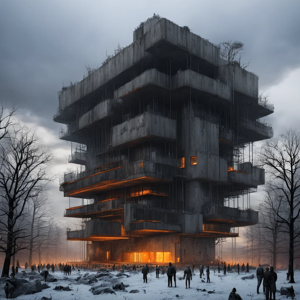 half life 2 Viktor Antonov futuristic brutalist palace metal concrete rusty trees winter evening grey skies glowing crow