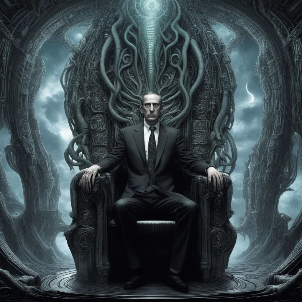 half man half cthulu all biomechanical sitting atop a throne of cosmic technological wonder and looking out across etern