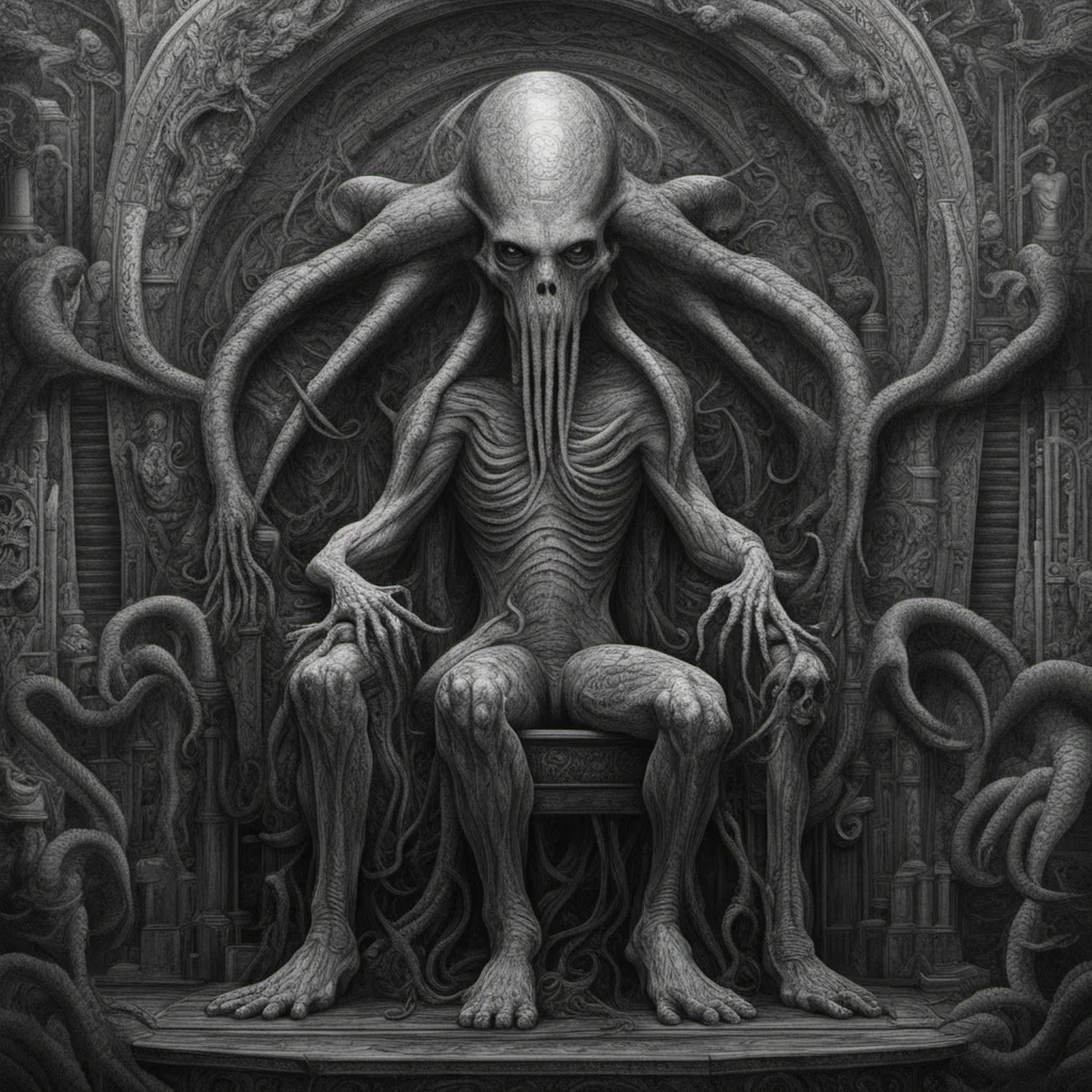 half man half cthulu all biomechanical sitting atop a throne of cosmic technological wonder and looking out across eternity of space and time  HP Lovecraft