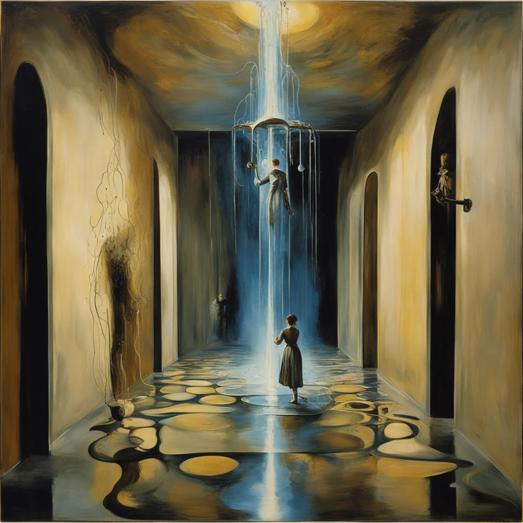 hallucinating a lady pouring water when looking down a hallway of a metal foundry by Salvador Dali particles