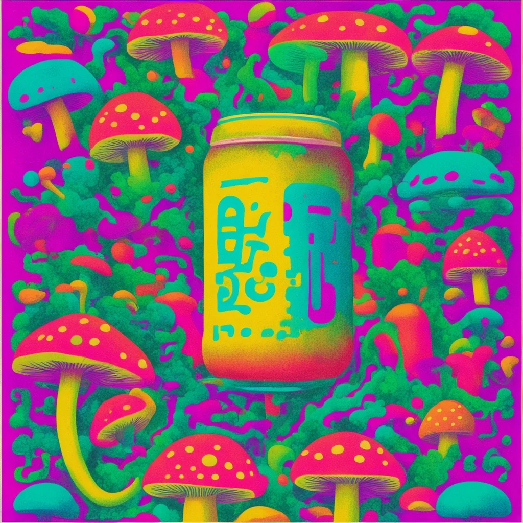 hallucinogenic beer with blocky conlang writing system style  ketamine magic mushrooms lsd 1980s advertisement style10
