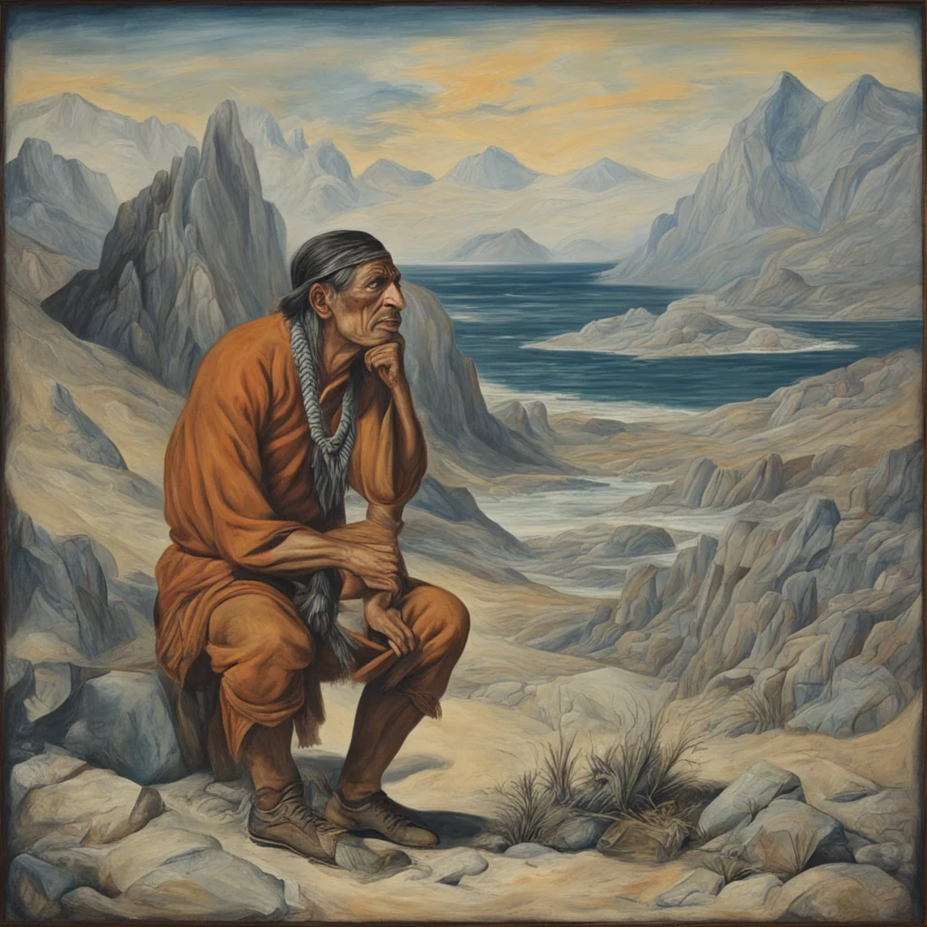 hand painted oil painting California Native Americans northern bounded by the Coastal Mountains on the west A lone man s