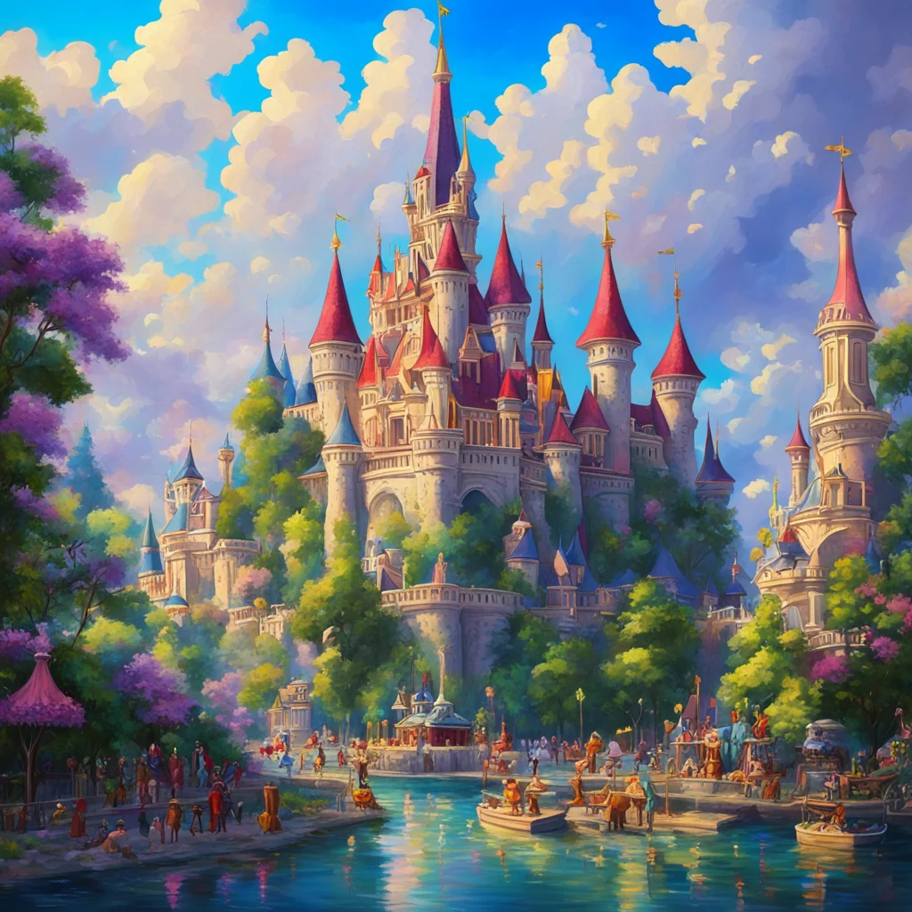 hand painted oil painting of Disneyland in heaven 4k post processing highly detailed concept art artstation