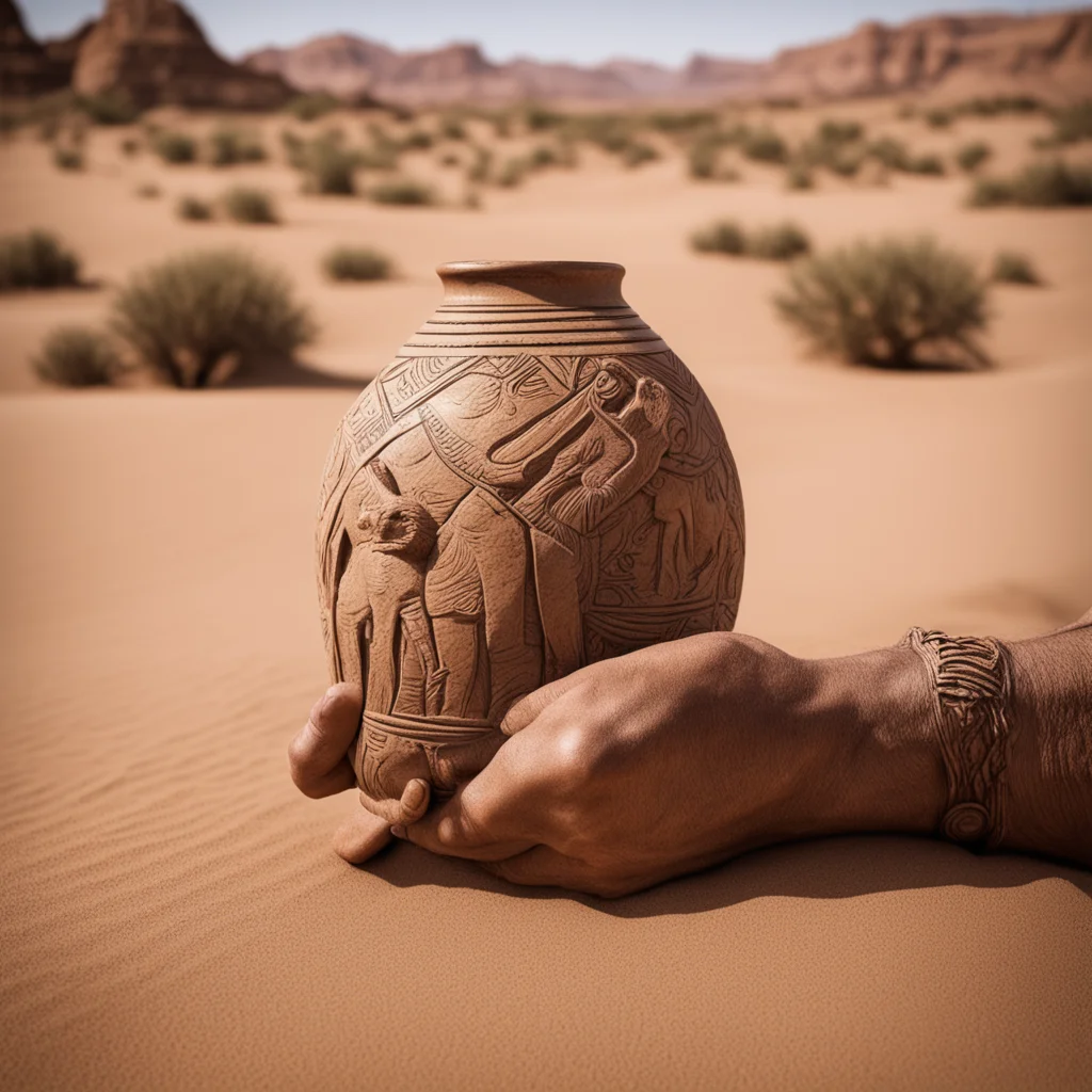 hands holding prehistoric Neanderthal vase in the desert camp highly detailed in the style of Edward Curtis