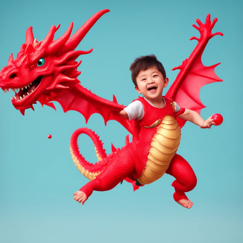happy boy kid flying on a red Chinese dragon holding a Lollipop  realistic 8k  ar 23