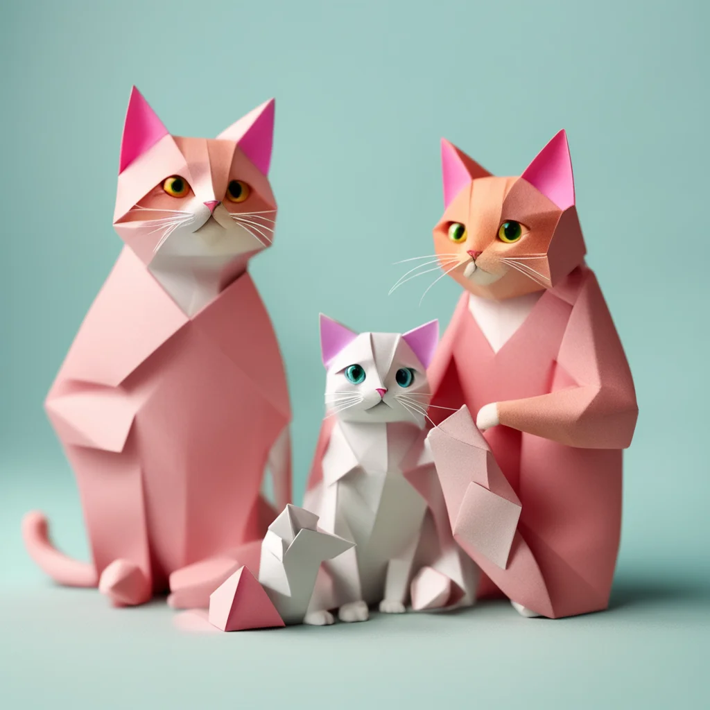 happy family with a cat origami puppet zoom macro high definition photorealistic 8k test