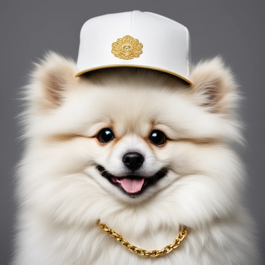 happy fluffy white pomeranian wearing a New Era hat and gold chain