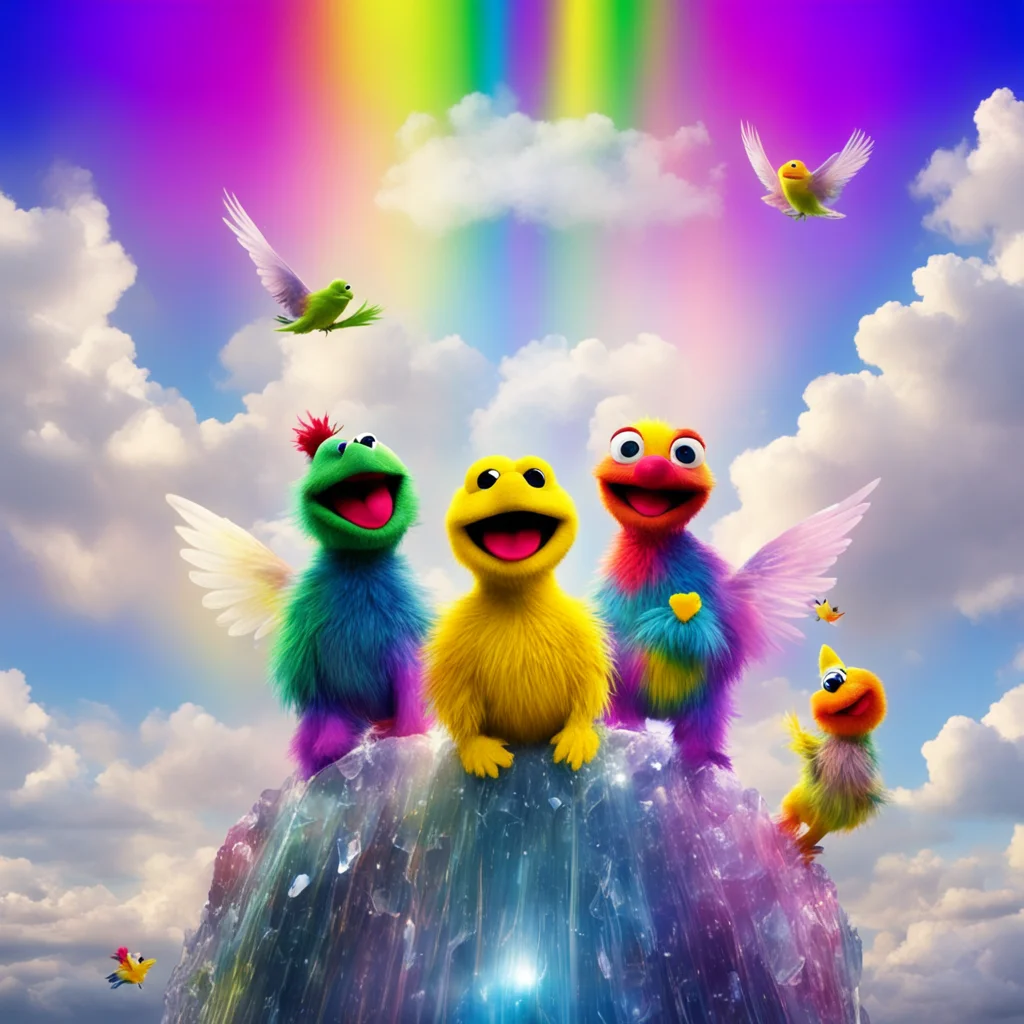 happy muppet children sitting on a crystal rainbow singing in harmony as a majestic bird flies by they marvel at the bea