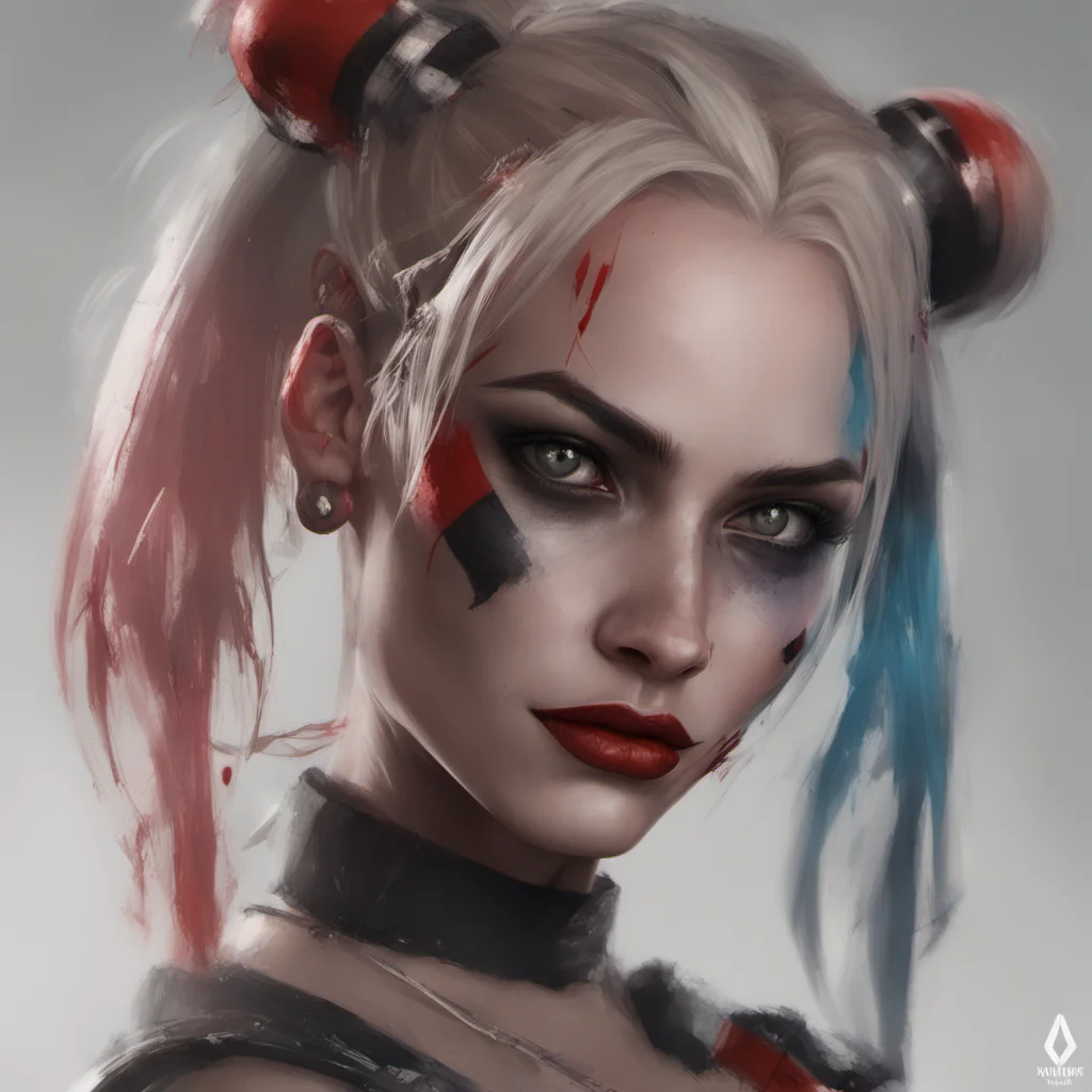harley quinn portrait dangerous and beautiful character concept art face by WLOP face symmetry style of Krenz Cushart Ashley Wood and Charlie Bowater and