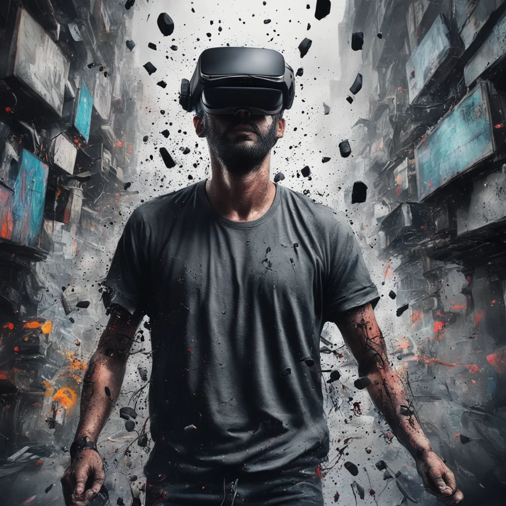 hd highly detailed painting of a man stuck in vr world  lots of chaos film grain cinematic  insanely realistic  detailed