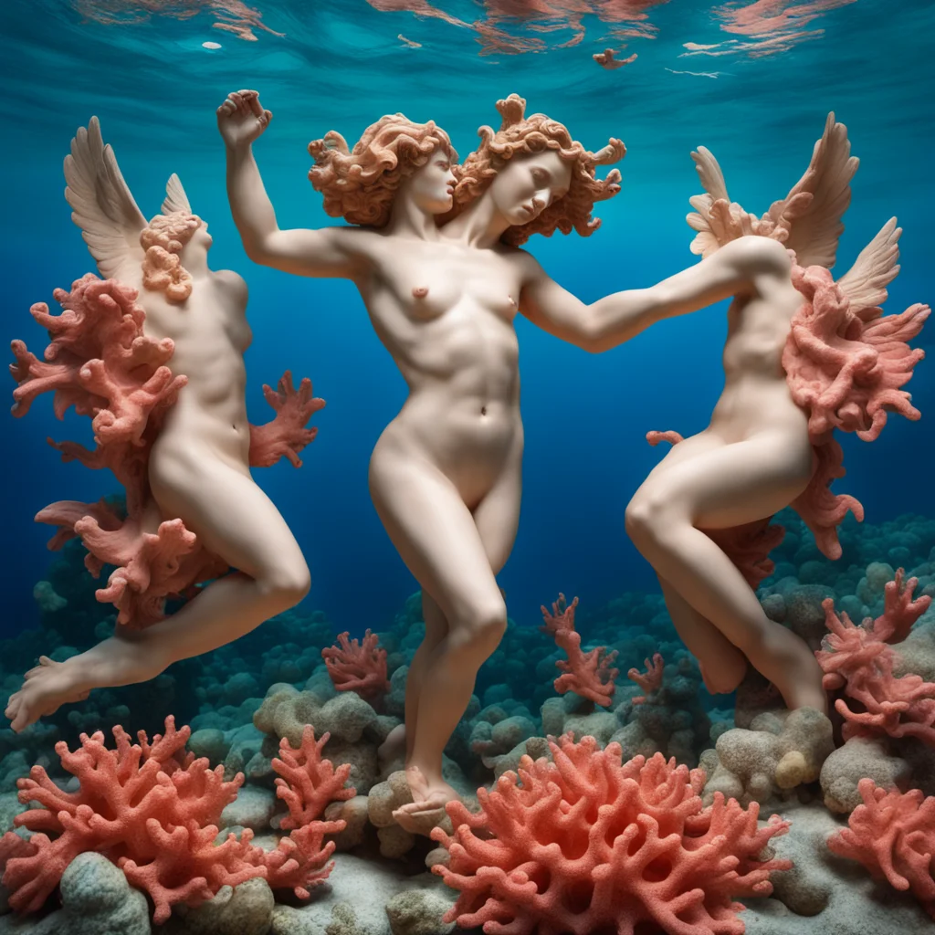 helenistic sculpture of angels fighting underwater vibrant coral hyperrealistic