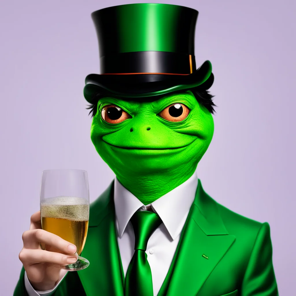 hideo kojima with green skin smug smirking expression on face in the style of pepe the frog monocle top hat raising a gl
